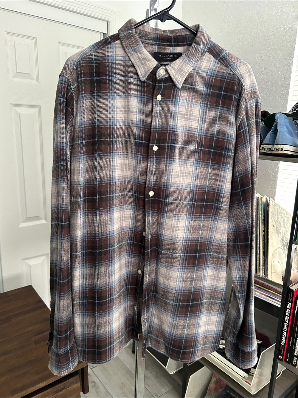 All Saints Brown and Blue Plaid Button-Down Shirt